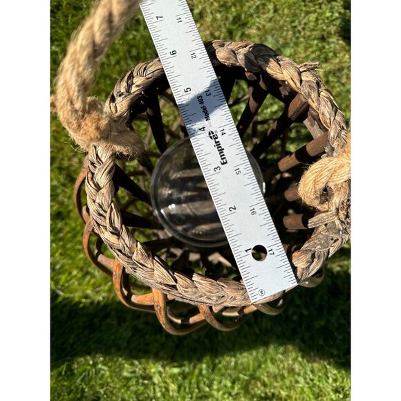 Rustic Boho MCM Bamboo Rattan Whicker & Glass Lantern With Rope Handle 16" Tall - Picture 12 of 15